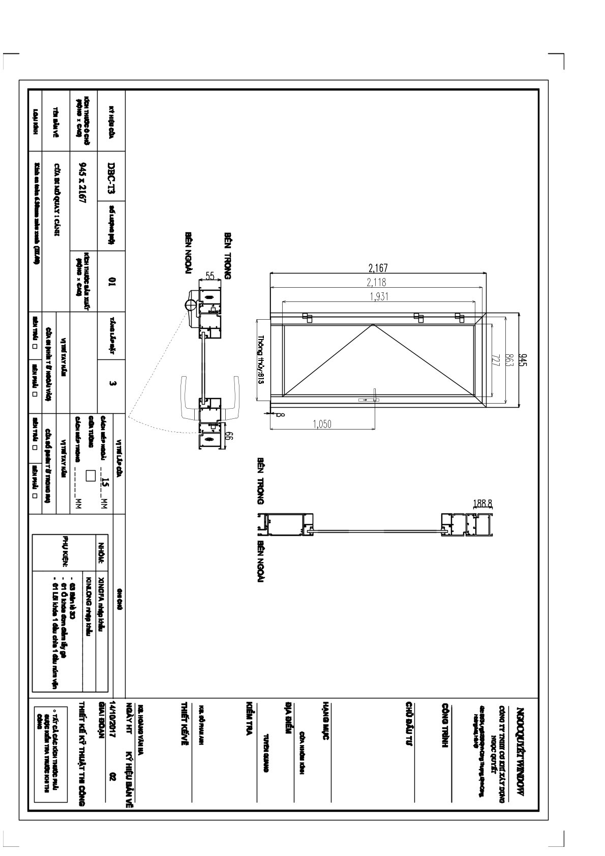Bản vẽ kỹ thuật cửa đi mở quay một cánh nhôm Xingfa kích thước 945 x 2167 mm